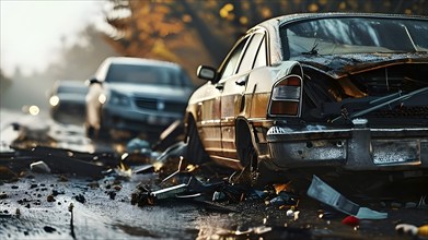 Close-up of damaged car wrecks after a road accident, AI generated