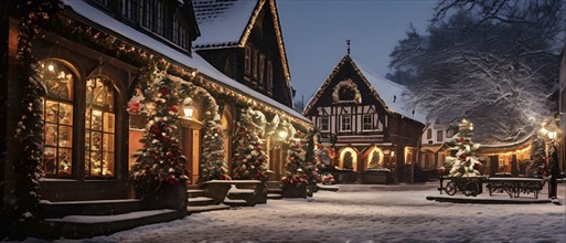 Charming village square decorated for the holidays, with snow-covered rooftops and strings of