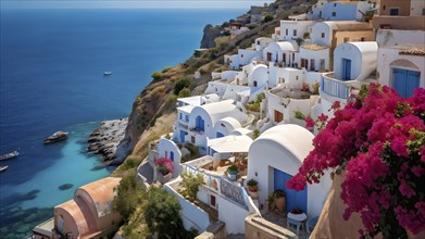 Aerial perspective of mediterranean houses nestled in an idyllic coastal village, AI generated