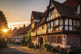 Traditional half timbered house nestled within the heart of a picturesque village in golden hour