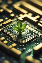 Plant growing on a computer chip representing digital ecology business, AI generated