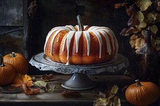 Pumpkin shaped bunt cake with autumn leaves and pumpkins. Generative AI, AI generated