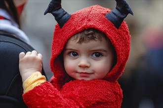 Smiling boy child with red Halloween devil costume hoodie with horns. Generative Ai, AI generated