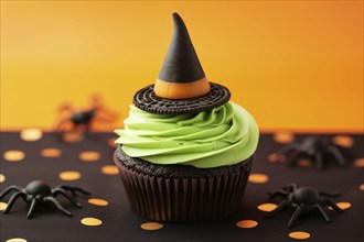 Halloween cupcake with green frosting and with hat topping. KI generiert, generiert AI generated