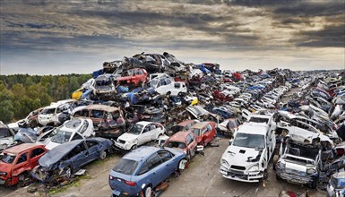 Symbolism, large junkyard with wrecked cars, scrap cars, scrap metal, AI-generated, AI-generated,