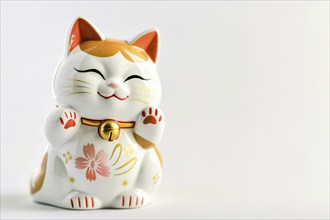 Cute Japanese Maneki Neko winking cat sculpture on white background with copy space. KI generiert,