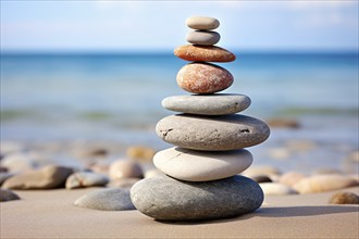 Zen stacking stones at beach. KI generiert, generiert AI generated