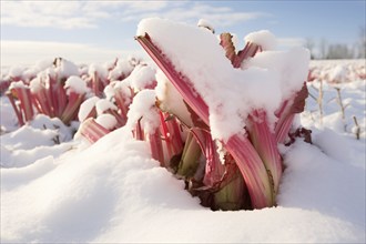 Rhubarb covered in snow growing in field. KI generiert, generiert AI generated