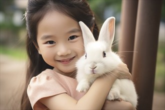 Young asian girl child with pet bunny. KI generiert, generiert, AI generated