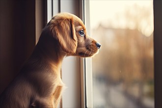 Young dog alone at home looking through window, waiting for owner. KI generiert, generiert, AI