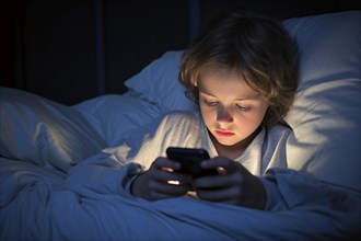 Young boy child playing with mobile phone in bed at night. KI generiert, generiert, AI generated