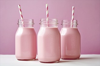 Pink milkshakes in small glass bottles. KI generiert, generiert, AI generated