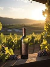 Aged bottle of wine glowing under the low sun with a vineyard in the background, AI generated