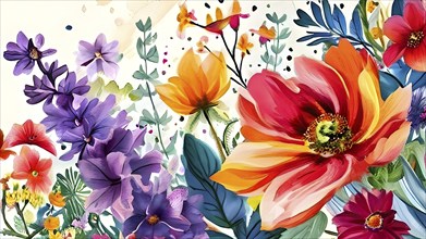 Illustration background of lush floral pattern with vivid flowers and leaves, AI generated