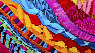 Illustration background featuring an mix of vibrant textiles with overlapping arrays of colors, AI