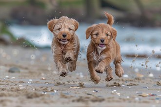 Two cute Portuguese waterdog pups running on sand, AI generated