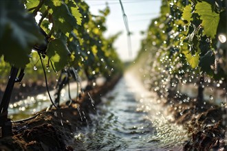 AI generated active vineyard irrigation system bathing under the blazing summer sunlight