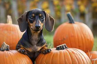 Cute Dachshund dog between large orange pumpkins. Generative Ai, AI generated