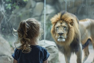 Back view of young girl child watching lion in zoo behind glass. Generative AI, AI generated