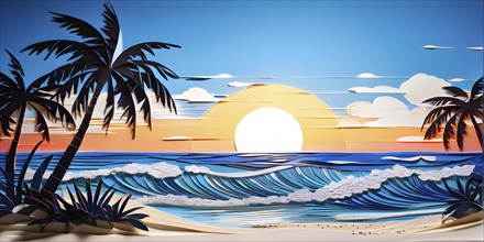 Minimalistic paper art illustration of a tropical beach with blue ocean and palm trees, AI