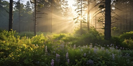 Fog covered forest in summer with mystic golden sunlight, AI generated