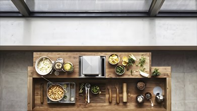 Wooden kitchen with top counter and other modern interior elements, AI generated