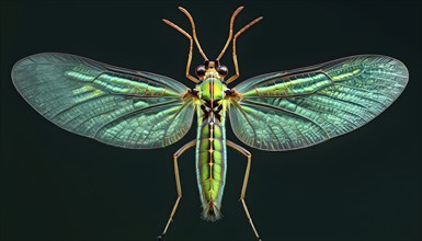 Macro of a green lacewing (Chrysoperla carnea), showing its iridescent wings, thin legs, and