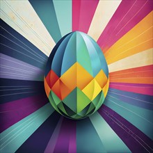 Abstract Easter egg design with geometric patterns, bold colors, and a mix of textures, creating a