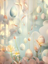 Surreal Easter scene with floating eggs, ribbons, and flowers in a dreamlike, whimsical composition