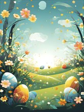 Surreal Easter scene with floating eggs, ribbons, and flowers in a dreamlike, whimsical composition