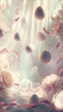 Surreal Easter scene with floating eggs, ribbons, and flowers in a dreamlike, whimsical composition