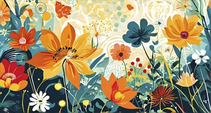 Playful abstract illustration of a spring garden with exaggerated, colorful floral forms, and