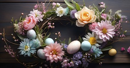 Spring wreath with pastel ribbons, speckled eggs, and blooming flowers, hanging on a wooden