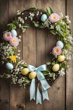 Spring wreath with pastel ribbons, speckled eggs, and blooming flowers, hanging on a wooden