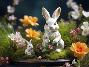 Vintage porcelain rabbit figurine surrounded by small, colorful spring flowers and soft moss, AI