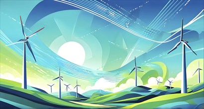 Abstract wallpaper illustration of interconnected wind turbines, represented by flowing lines and