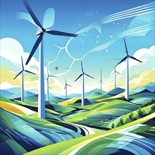 Abstract wallpaper illustration of interconnected wind turbines, represented by flowing lines and