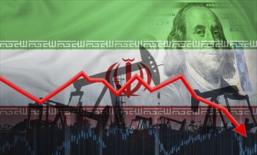 Crisis and decline in oil production with Iranian flag on financial graph. Fall in the price of oil