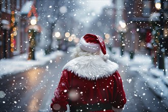 Back view of Santa Claus with red hat and cloak and snow in blurry city in background. Generative