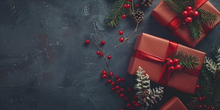 Top view of Christmas gift boxes wrapped in red paper with berries and fir branches on green