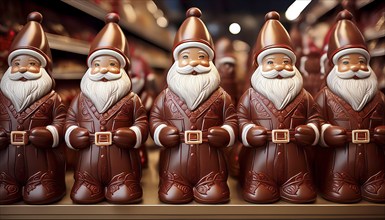 Cheerful looking chocolate Santas lined up on a shelf in a shop, AI-generated image, AI generated