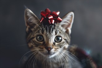 Portrait of cat with red Christmas gift wrapping ribbon on head. Generative Ai, AI generated