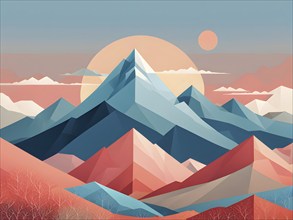 Minimalist landscape with stylized mountains and a setting sun, represented by simple geometric