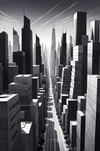 Modern city skyline using clean lines and geometric forms, with rectangular buildings and smooth,