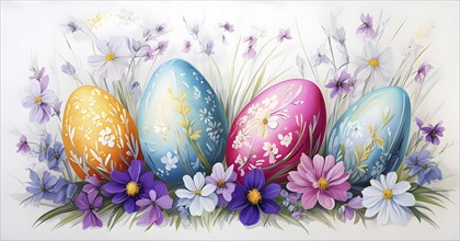 Abstract illustration of of vibrant-colored Easter eggs, surrounded by delicate spring flowers, AI