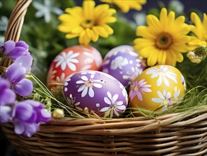 Vibrant-colored Easter eggs in a wicker basket, surrounded by delicate spring flowers, AI generated