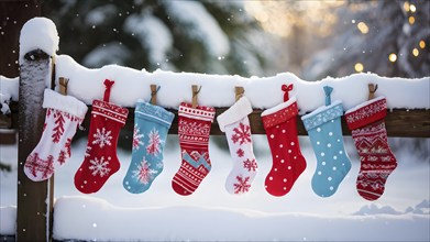 Row of Christmas stockings hanging from a snow-covered wooden fence, with delicate frost patterns