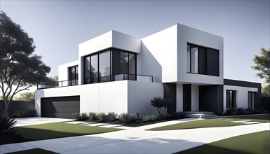 Rendering of a modern real estate residential house in clean geometric forms in black and white, AI