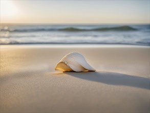 Isolated seashell resting on a smooth, empty beach, with soft waves gently approaching the