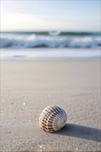 Isolated seashell resting on a smooth, empty beach, with soft waves gently approaching the